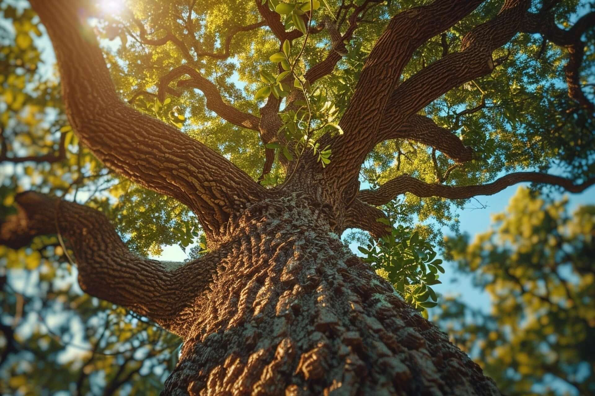 Majestic oak tree with rugged bark and sprawling branches in golden sunlight