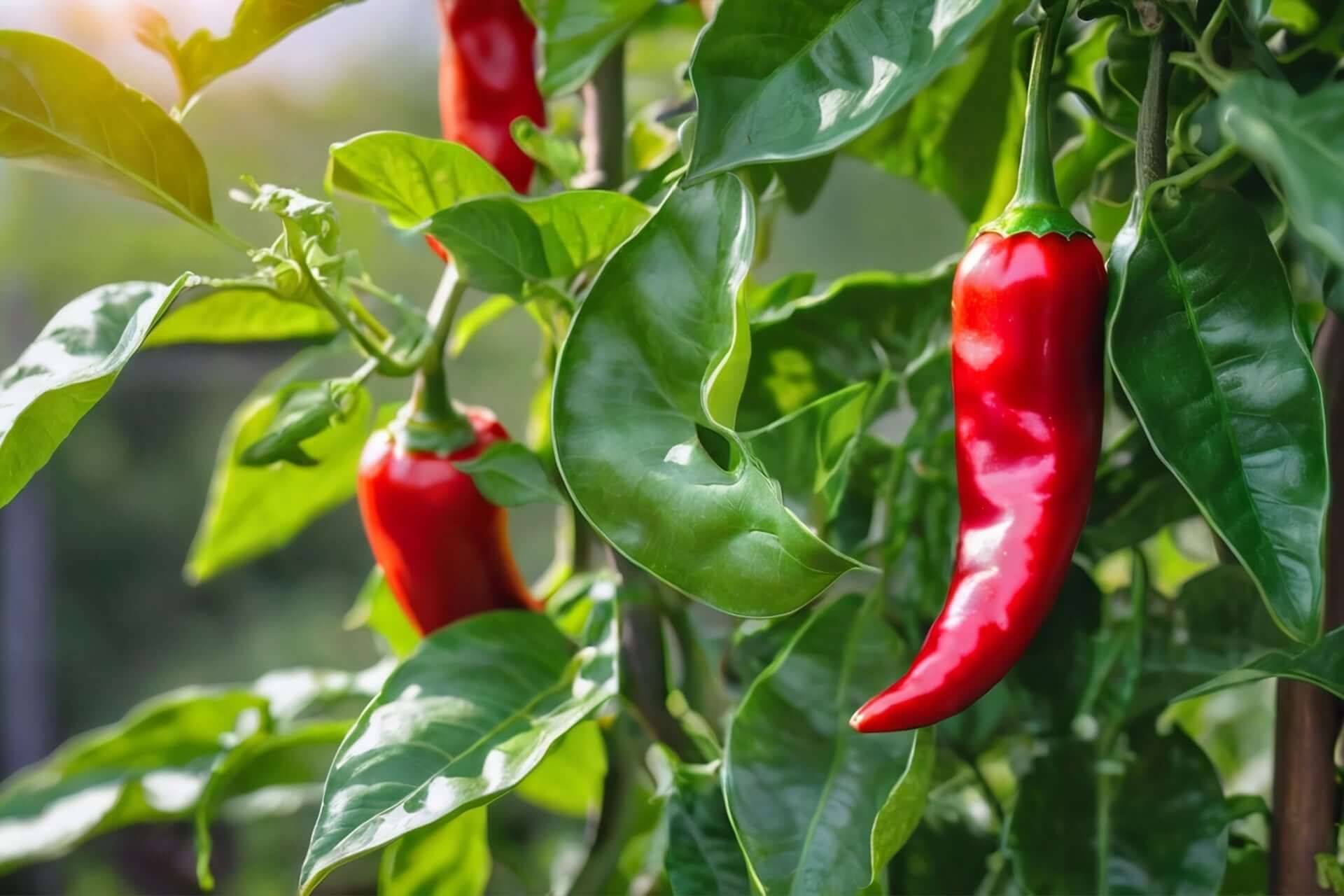 Vibrant red peppers on lush native companion plant