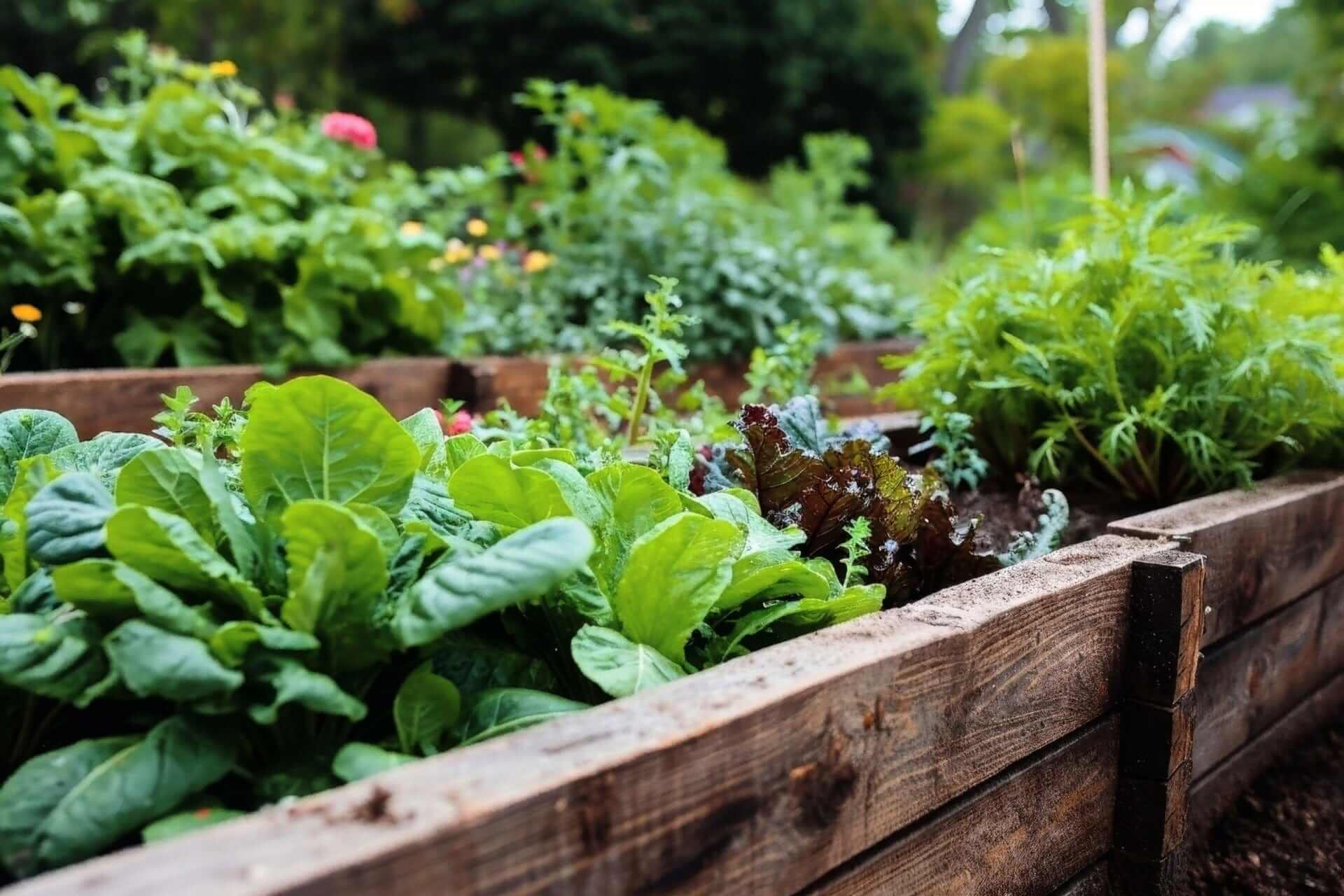 Rustic wooden raised bed with lush greens from wholesale nursery