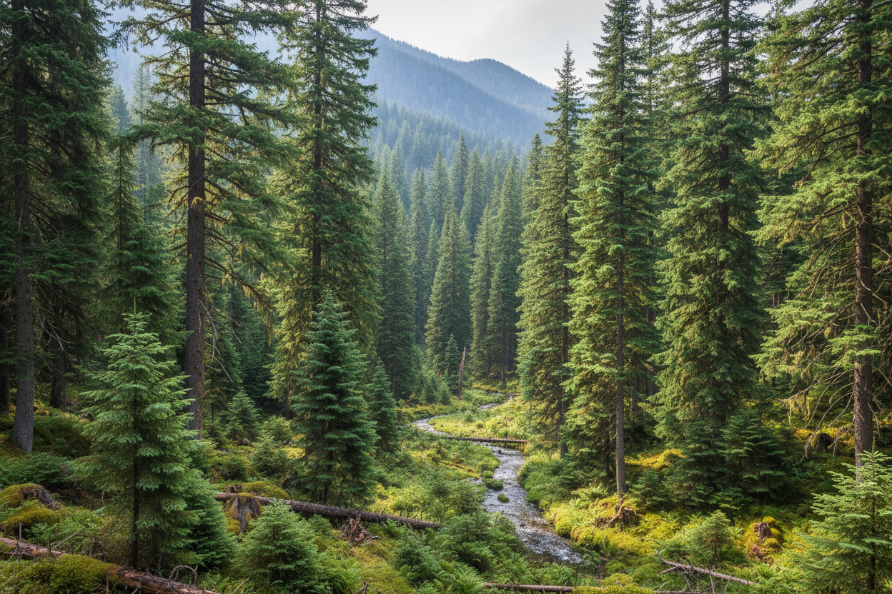 Winding stream through dense tall pine forest for privacy landscaping