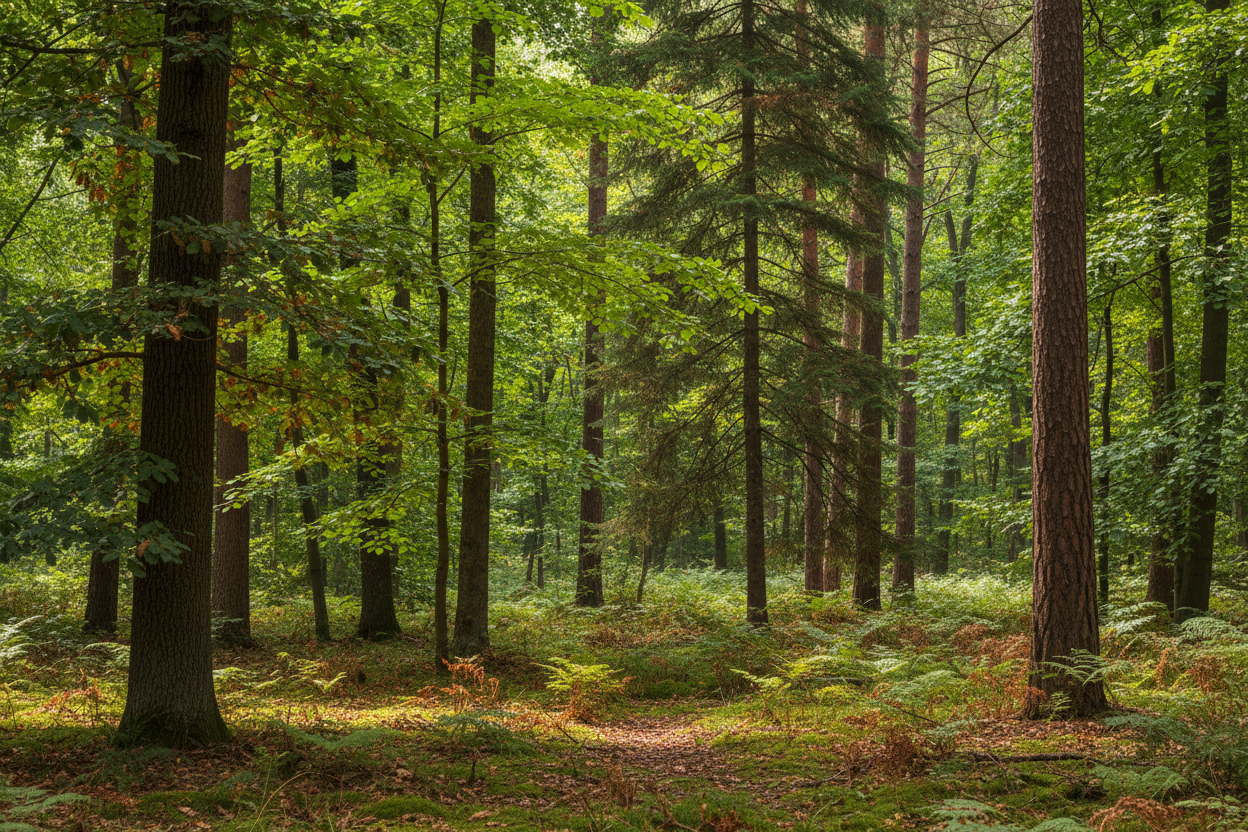 Native tall slender trees with dark brown bark and green foliage in forest.