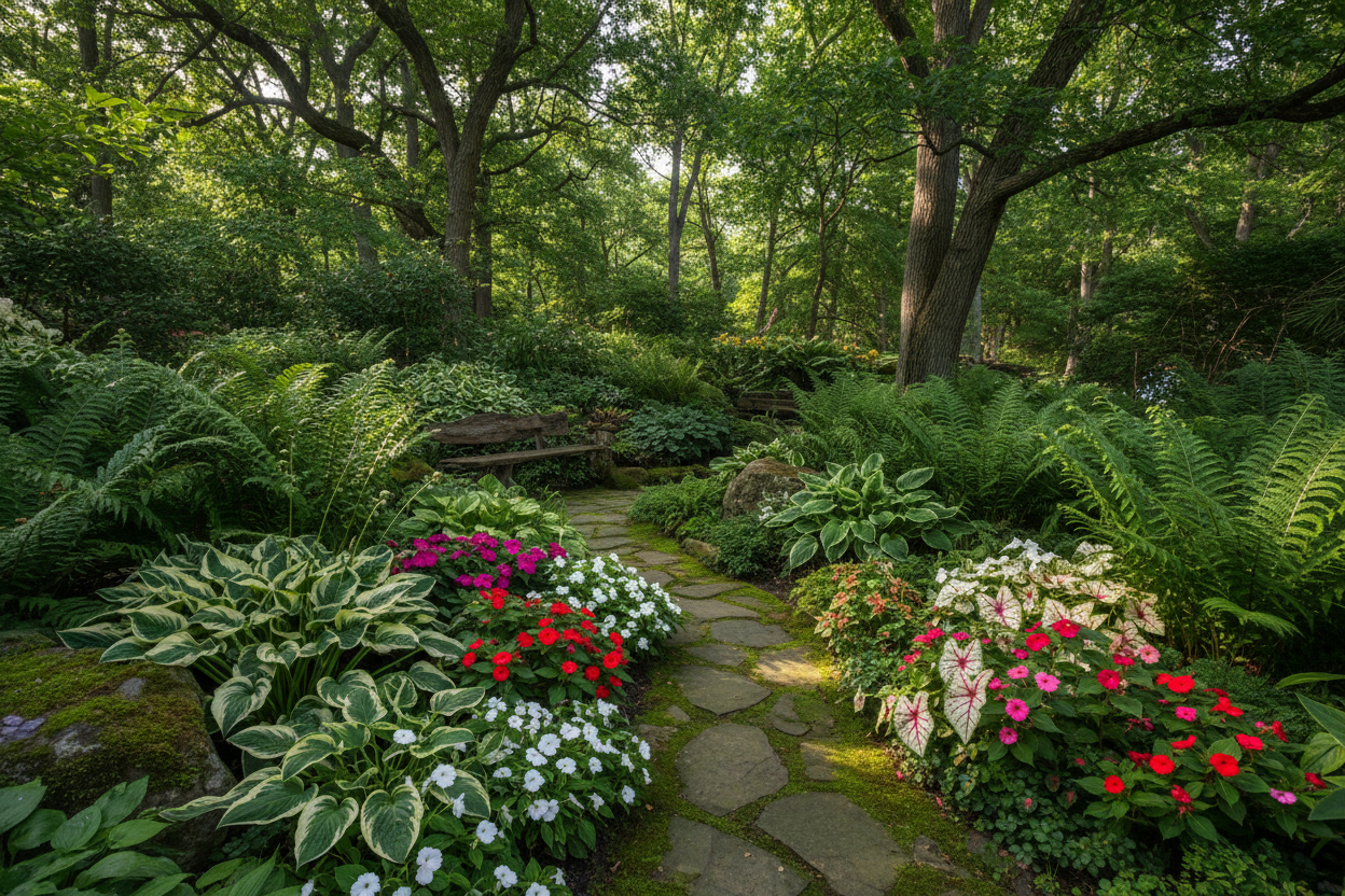 Winding stone path in lush low-maintenance woodland shade garden