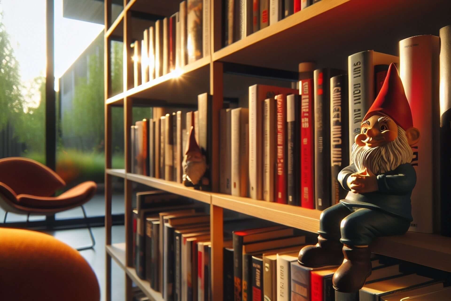 Red-hatted garden gnome with white beard on bookshelf