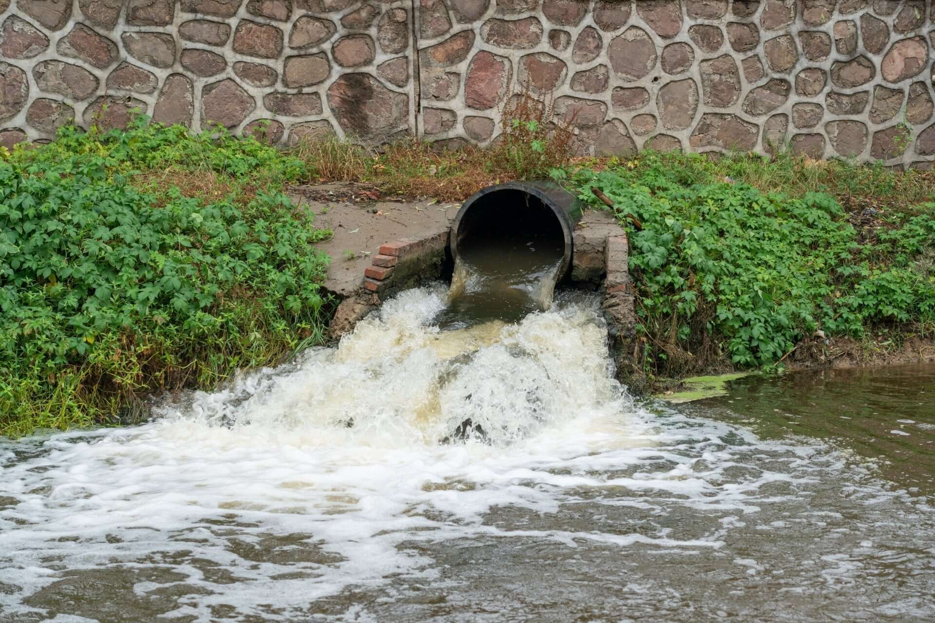 Black pipe discharging murky water into stream at Baltimore Wastewater Treatment Plant