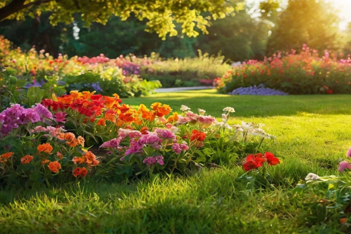 Vibrant garden bed bursting with pink, orange, and red flowers