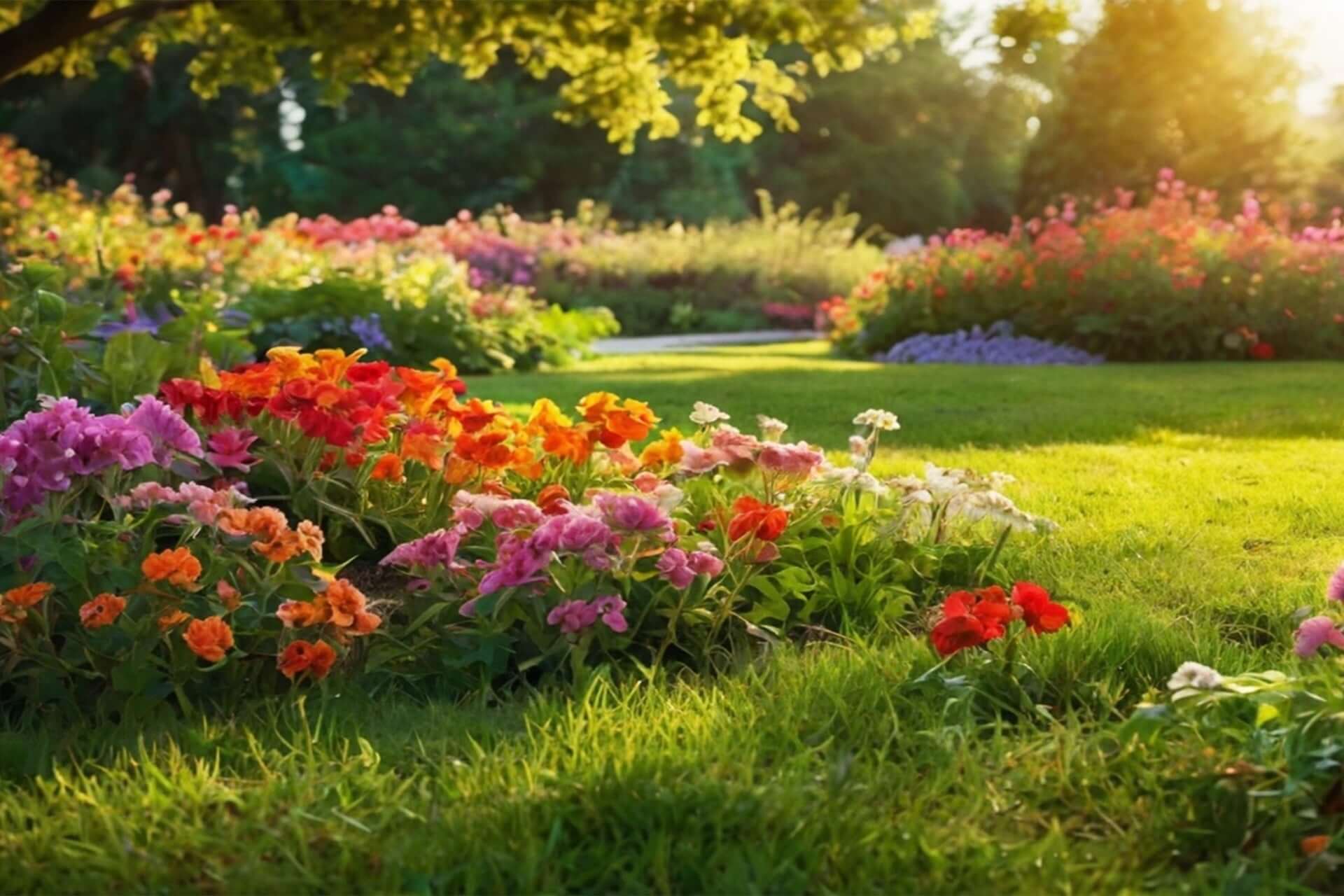 Vibrant garden bed bursting with pink, orange, and red flowers