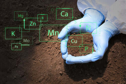 Hands in blue gloves cradle dark brown soil with glowing green element symbols