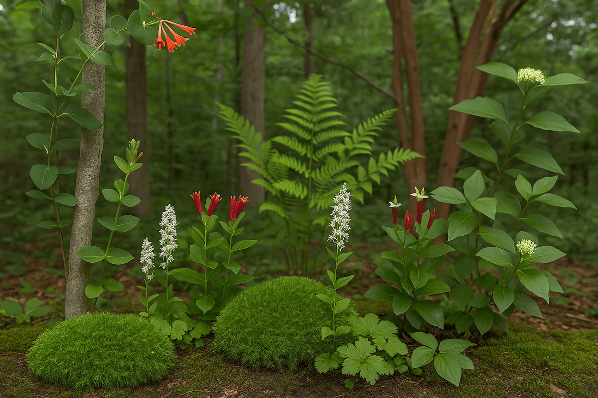 Vibrant red white flowers with ferns in forest not morning glories