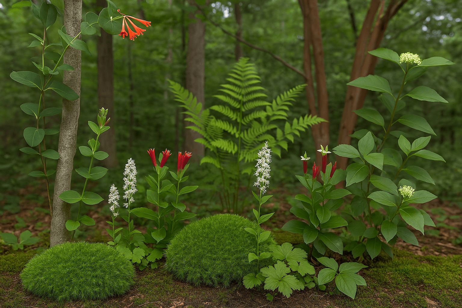 Vibrant red white flowers with ferns in forest not morning glories