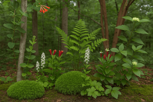 Vibrant red white flowers with ferns in forest not morning glories