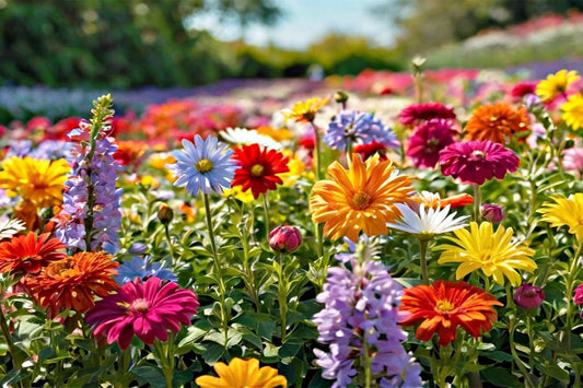 Vibrant zinnias and purple perennials blooming months in garden