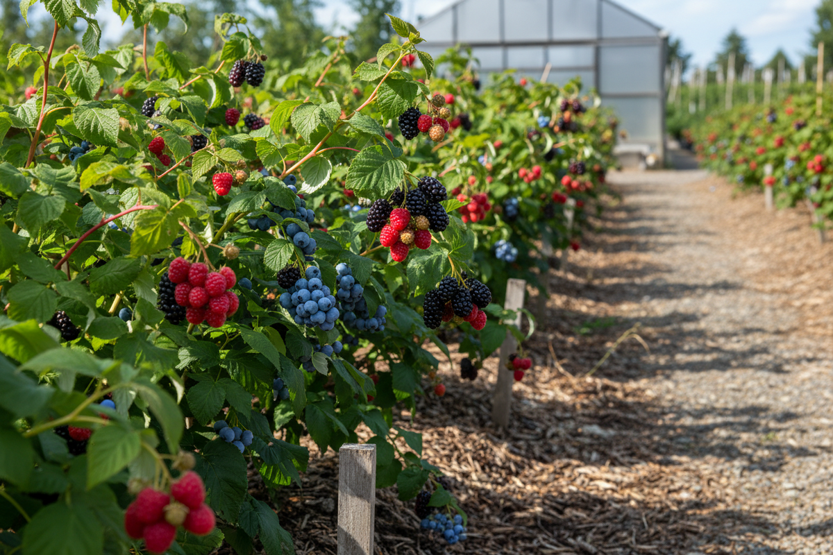 Ripe blackberries, raspberries, blueberries on lush bushes in Tennessee berry farm