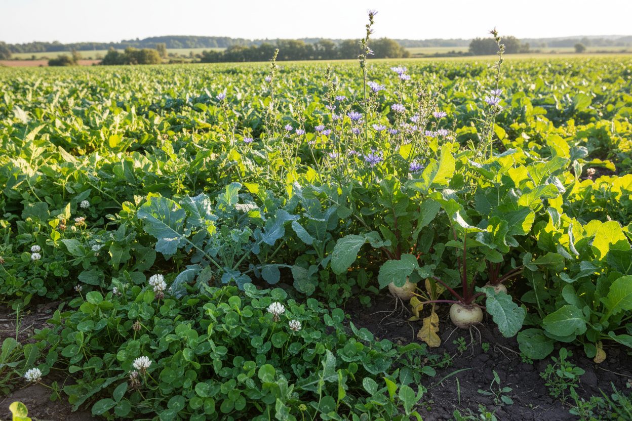 Field of green leafy vegetables, purple flowers and white clover for wildlife food plots
