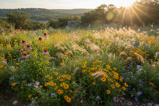 Tennessee native wildflowers in purple, yellow, blue at golden sunset
