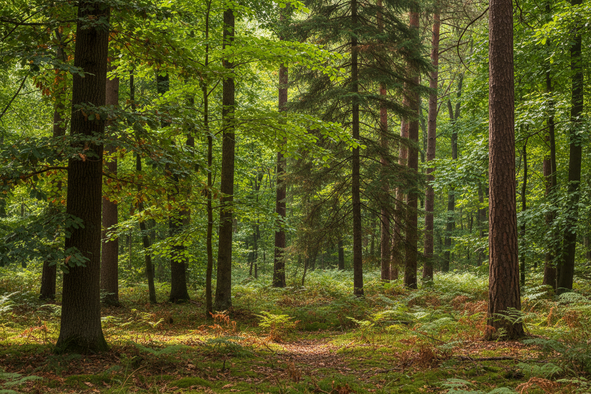 Native tall slender trees with dark brown bark and green foliage in forest.