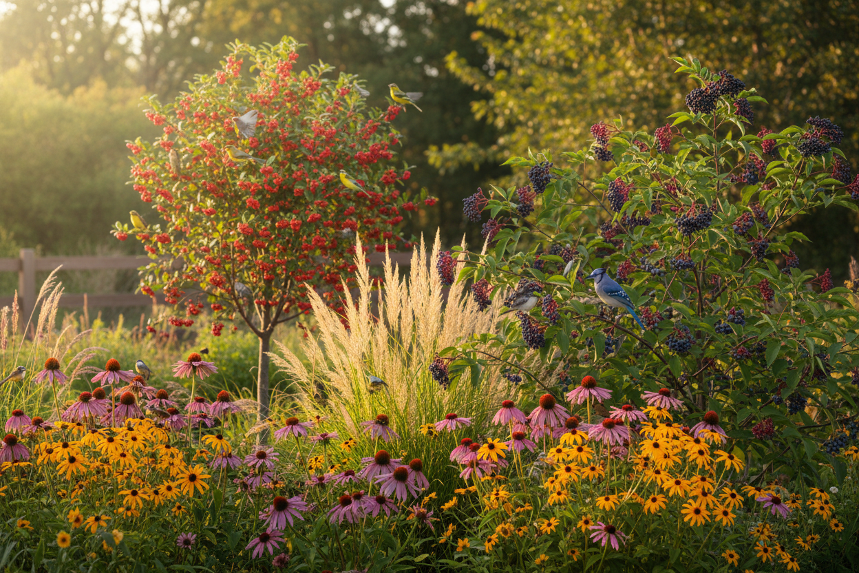 Vibrant garden with colorful flowers and berry bushes attracting birds