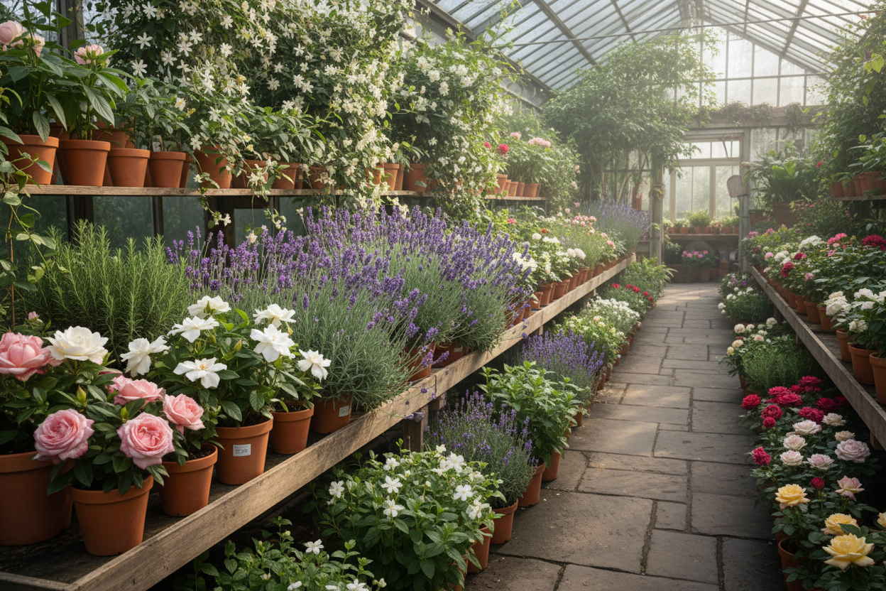 Rows of potted lavender and roses thriving in Tennessee greenhouse