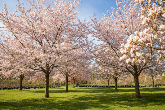 Cherry blossom trees blooming in sunlit Tennessee field