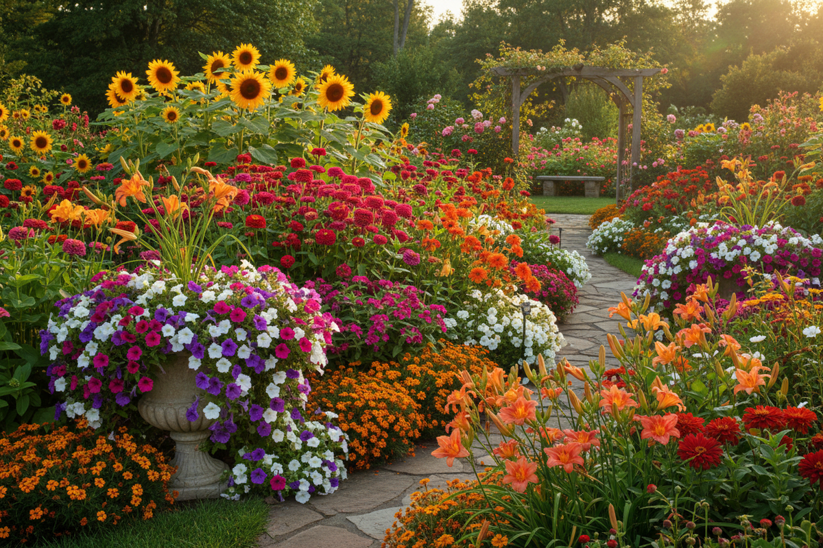Vibrant summer sunflowers, petunias and lilies blooming in Tennessee garden