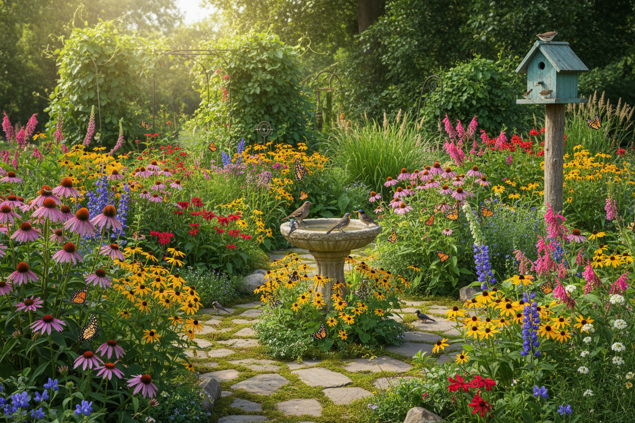 Weathered stone bird bath with carved rim for Tennessee wildlife garden