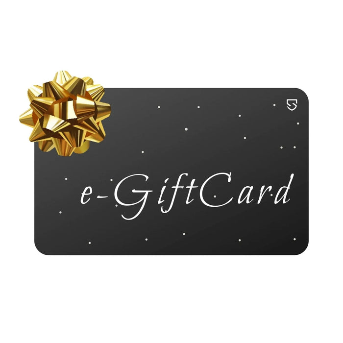 Black digital gift card with white cursive text and gold bow