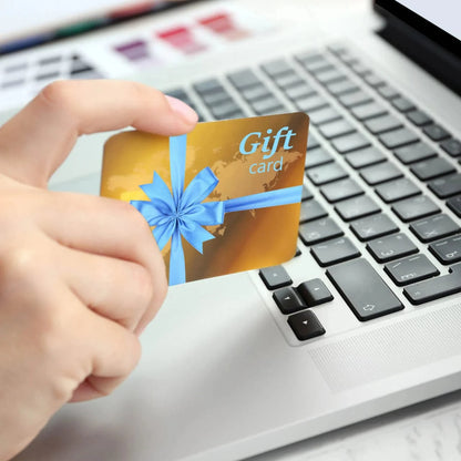 Gold digital gift card with blue ribbon bow design