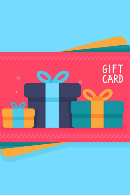 Red digital gift card with navy teal orange wrapped presents