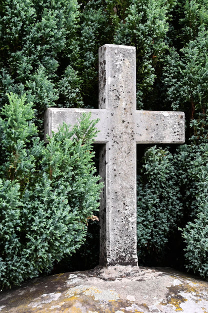 Weathered gray stone cross with moss in Memorial Tree tribute among evergreens